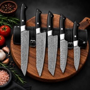 Custom forged Damascus kitchen knife set with five handmade chef knives