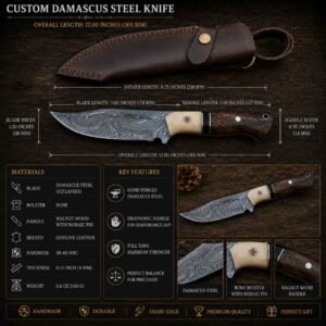 best hunting knife specifications Damascus steel walnut handle leather sheath