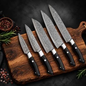 Five-piece Damascus chef knife set with patterned blades and black handles