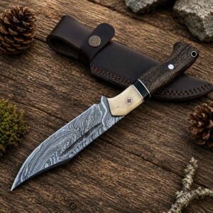best hunting knife with Damascus steel blade and walnut wood handle