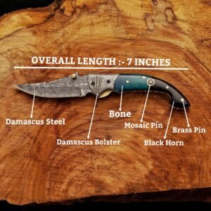 Personalized Damascus Pocket Knife 7 inch dimensions showing Damascus steel, bolster, bone, horn and pins