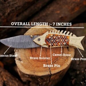 7 inch Damascus folding knife with camel bone handle brass bolster brass pin and brass pommel
