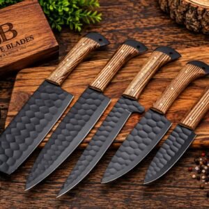 Five piece handmade kitchen knife set with black powder coated blades and Ash Wood handles