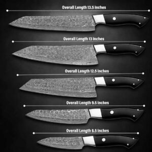 Custom forged Damascus kitchen knife set with five different knife sizes