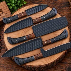 Handmade chef knife set gift for him with black powder coated blades and Rosewood and Pakkawood handles