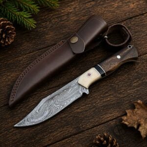 best hunting knife handmade Damascus steel with walnut handle and leather sheath