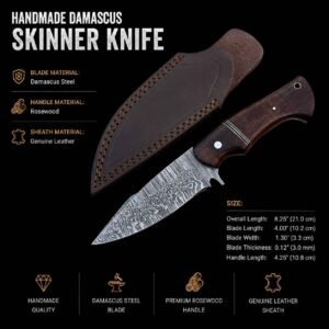 Damascus steel knife with patterned blade, rosewood handle, and leather sheath