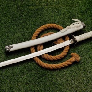 Stainless steel decorative sword with matching white sheath displayed together