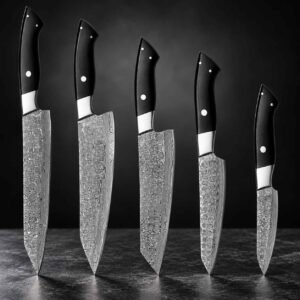 Damascus kitchen knife set gift for him with five handmade chef knives