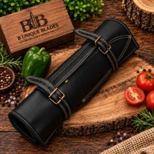 Handmade chef knife set with black powder coated blades, Ash Wood handles, and black leather knife roll