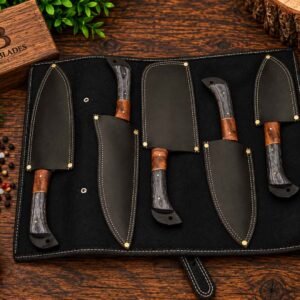 Five piece handmade kitchen knife set with black powder coated blades and Rosewood and Pakkawood handles