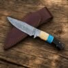 Handmade Damascus Skinner Knife with Genuine Leather Sheath, Bone & Turquoise Handle, Hunting Knife, Bushcraft Knife, Gift for Him Handmade Damascus skinner knife displayed over a brown leather sheath