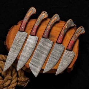 Best knife set featuring five Damascus steel chef knives with wood handles and leather roll