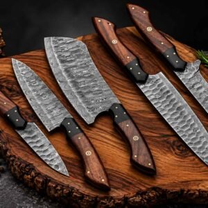Best kitchen knife set with 5 piece Damascus knives and leather roll
