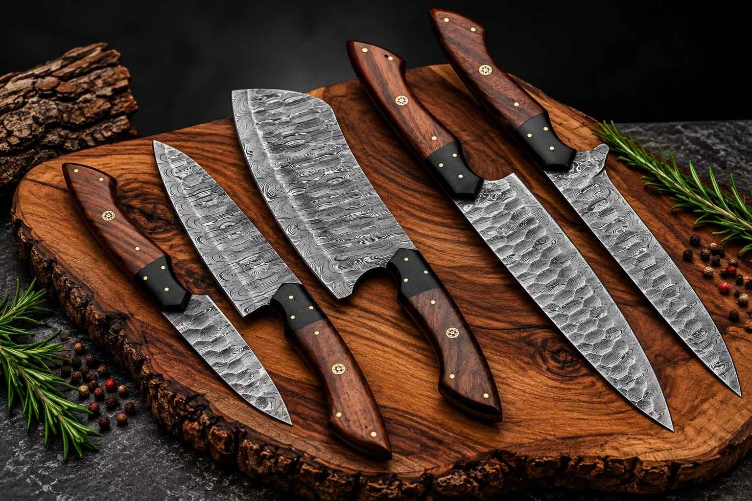 Best kitchen knife set with 5 piece Damascus knives and leather roll