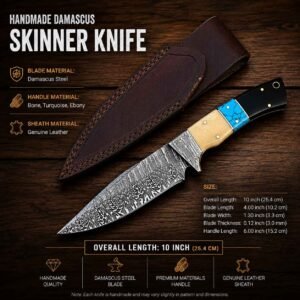 Handmade Damascus skinner knife with bone turquoise handle and genuine leather sheath specifications