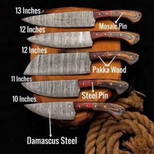 Best knife set dimensions showing 13, 12, 12, 11 and 10 inch Damascus steel kitchen knives
