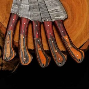 Best knife set close-up showing Damascus blades and premium layered wood handles