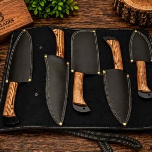 Handmade five piece kitchen knife set with Ash Wood handles, black powder coated blades, and protective sheaths