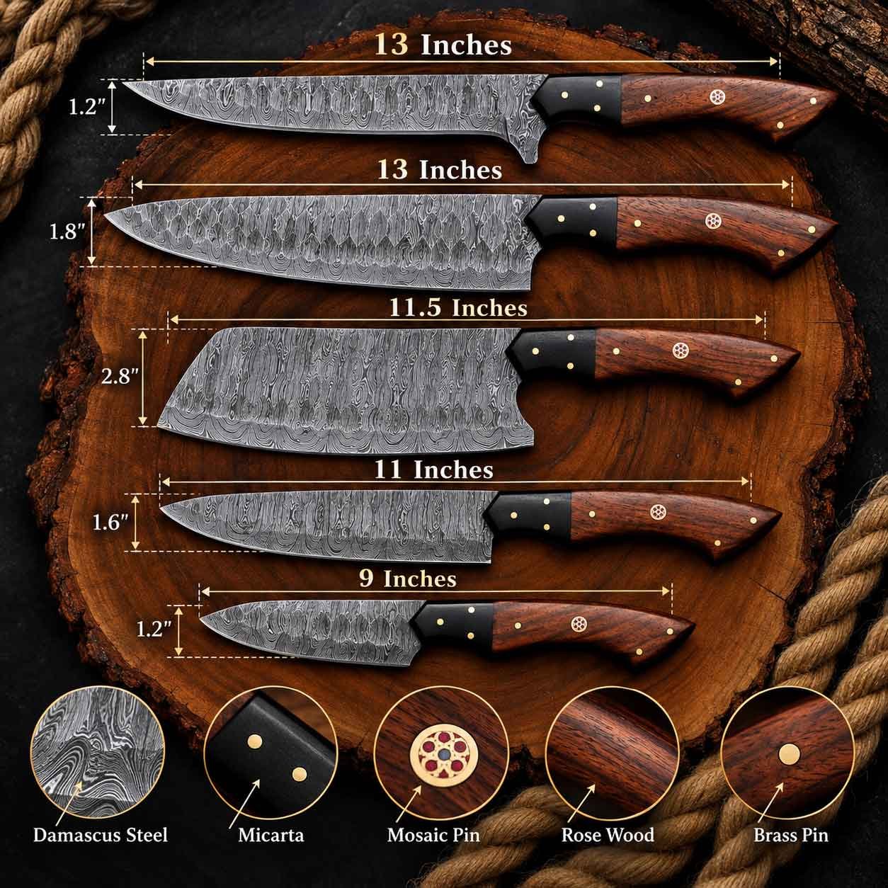Best kitchen knife set dimensions with 13, 11.5, 11 and 9 inch knives