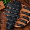 Personalized handmade chef knife set with engraved black powder coated blades and Rosewood and Pakkawood handles