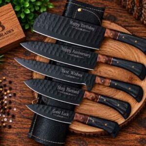 Personalized handmade chef knife set with engraved black powder coated blades and Rosewood and Pakkawood handles