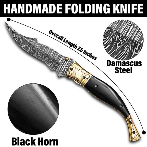 7.5 inch handmade Damascus folding knife with black horn handle size measurement