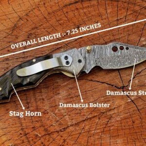 Damascus folding knife with stag horn handle and 7.25 inch overall length