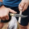 Handmade Damascus folding pocket knife and leather sheath gift for him