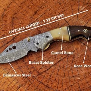 Side view of 7.25 inch Damascus folding pocket knife with camel bone and rosewood handle