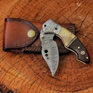 Folded Damascus pocket knife with brown leather sheath