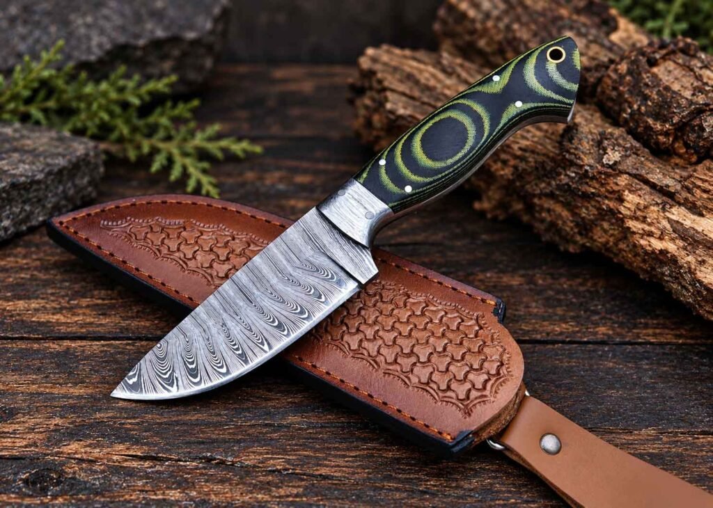 Custom Damascus knife with black and green G10 Micarta handle and leather sheath