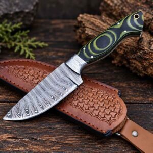 Custom Damascus knife with black and green G10 Micarta handle and leather sheath