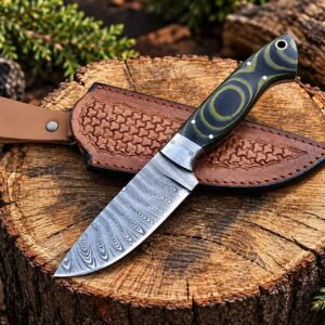 Custom Damascus knife showing patterned blade and black green Micarta handle