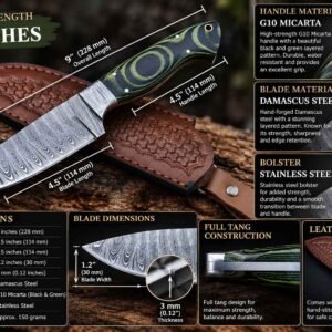 Custom Damascus knife specifications showing 9 inch length, blade dimensions, materials and leather sheath