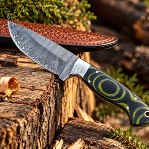 Damascus steel knife with patterned blade and G10 Micarta handle on wood