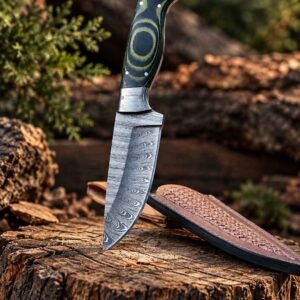 Custom Damascus knife and brown leather sheath displayed on a wood stump
