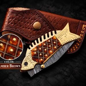 Damascus Steel Pocket Knife with amber brown fish-shaped handle