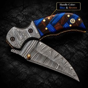 Custom Engraved Pocket Knife with blue and brown handle and Damascus-patterned blade