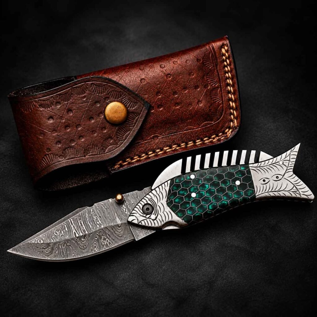 Damascus Steel Pocket Knife with fish-shaped handle and leather sheath