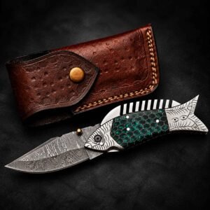 Damascus Steel Pocket Knife with fish-shaped handle and leather sheath