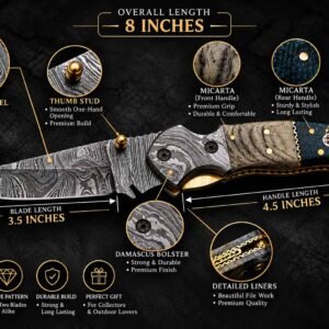 Custom Engraved Pocket Knife specifications showing 8-inch overall length and handle details