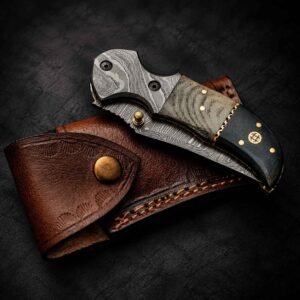 Custom Engraved Pocket Knife with Damascus-patterned blade and brown leather sheath