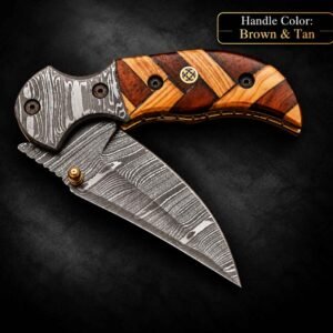 Custom Engraved Pocket Knife with brown and tan handle and patterned folding blade