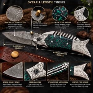 Damascus Steel Pocket Knife craftsmanship and specifications infographic