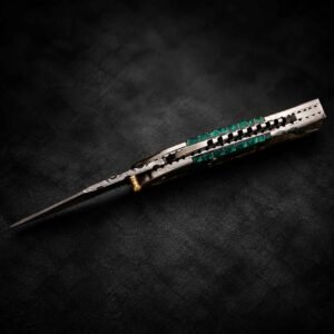 Damascus Steel Pocket Knife with emerald green fish-shaped handle