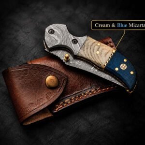 Custom Engraved Pocket Knife with contrasting Micarta handle sections and brown leather sheath