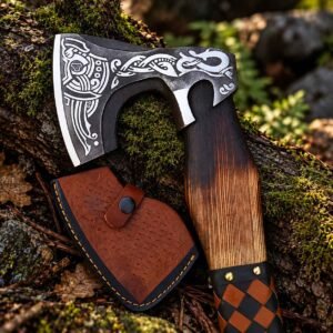 Viking Axe 18 Inch with engraved axe head and leather sheath
