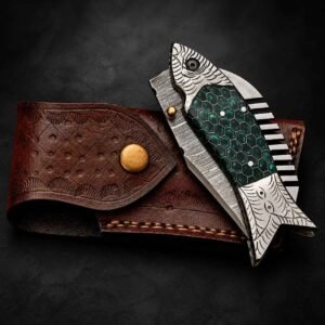Damascus Steel Pocket Knife with emerald green handle and leather sheath