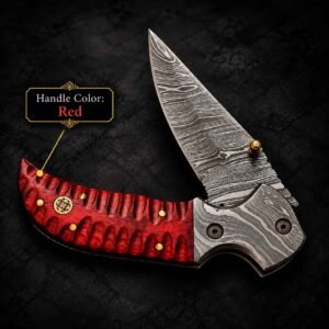 Custom Engraved Pocket Knife with red handle and Damascus-patterned folding blade